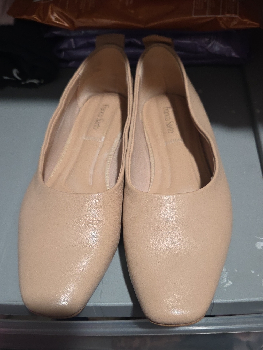 Franco Sarto Beige Leather Square-Toe Ballet Flats
